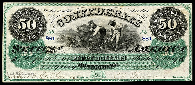 $50  Confederate States of America note from 1861, showing Slaves in a cotton field