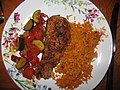 Cajun Grilled Fish, Savoury Rice and Mixed Baked Vegetables (17459785061).jpg