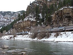 The eastbound and westbound California Zephyrs meet in the Glenwood Canyon.