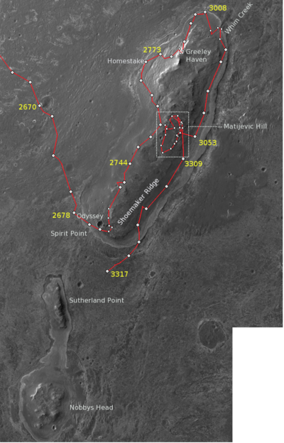 An overview map of Cape York, showing the path of Opportunity Mars rover and various locations it visited there in the 2010s CapeYork-Map-2014.png