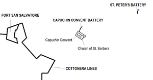 Capuchin Convent & St. Peter's Batteries map.png