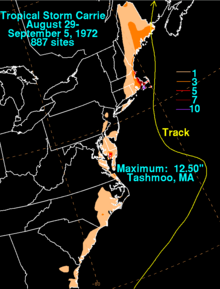 A contour map highlighting rainfall totals in the United States from Tropical Storm Carrie Carrie 1972 rainfall.png