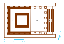 Desenho a cores de uma planta detalhada de um antigo templo.