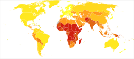 Disability-adjusted life years (DALY) lost from Childhood-cluster diseases in 2012 per million persons.   0-11   11-37   39-178   186-186   190-497   500-2,047   2,101-4,769   4,807-4,807   4,890-8,171   8,247-98,648 * Countries are divided approximately by population into ten groups. * Dependencies of France, United Kingdom, United States of America, The Netherlands and Denmark are grouped with their respective countries.