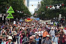 Walk Against Warming in Melbourne, December 2009 Climate Rally flows down Swanston street.jpg