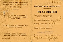 Movement and curfew pass, issued under the authority of the British Military Commander, East Palestine, 1946 CurfewPalestine 01.jpg