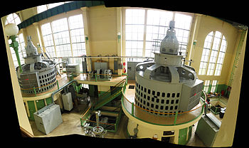 A panoramic view showing two of the three turbines in their original housing at the Cushman Dam No. 2 powerhouse, operated by Tacoma Public Utilities. Cushman Dam No 2 turbines panoramic.jpg