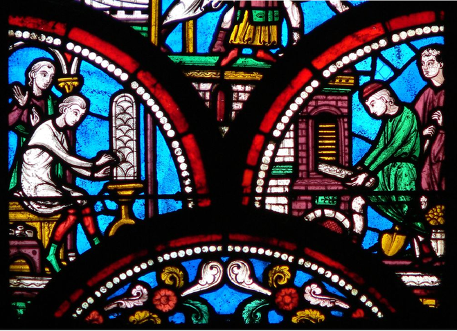Detail from a 13th-century window in the Basilica of Saint-Quentin depicting the creation of a stained glass window in Middle Ages