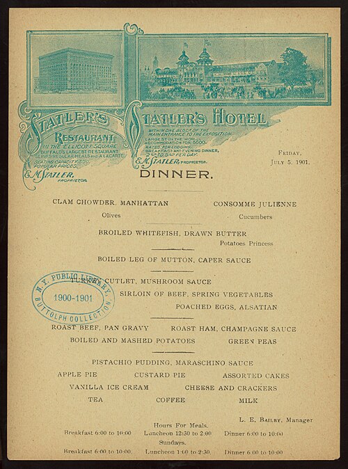 Image: DINNER (held by) STATLER'S HOTEL (at) "BUFFALO, NY" (HOTEL) (NYPL Hades 276910 469305)