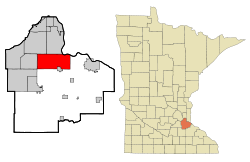 罗斯芒特在达科他县及明尼苏达州的位置（以红色标示）