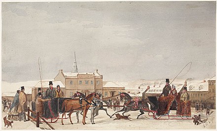Dalhousie Square. A winter scene depicting men and women in their sleighs in front of Dalhousie College, Halifax, Nova Scotia, 1851. Dalhousie Square, Halifax, Nova Scotia.jpg