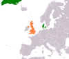 Location map for Denmark and the United Kingdom.