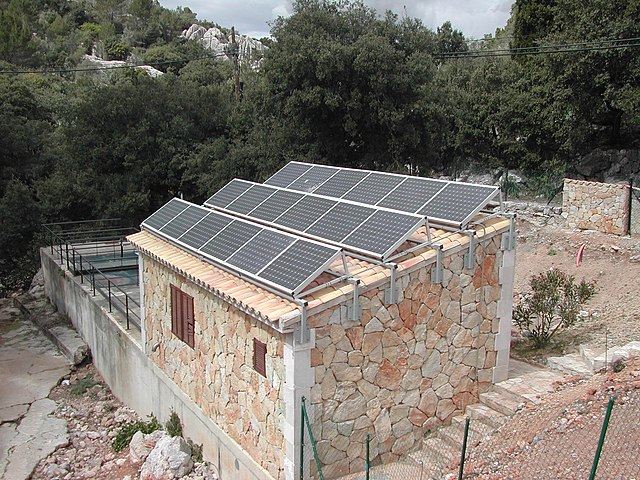 A typical stand-alone solar PV system at a sewage treatment plant in Santuari de Lluc, Spain