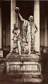 The Discovery of America sculpture, depicting Columbus and a cowering Indian maiden, stood outside the U.S. Capitol from 1844 to 1958. Discovery-statue.JPG