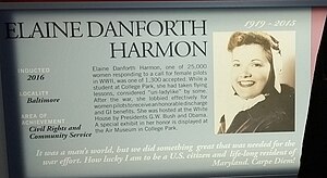 Elaine Danforth Harmon plaque at the Maryland Women's Heritage Museum.jpg