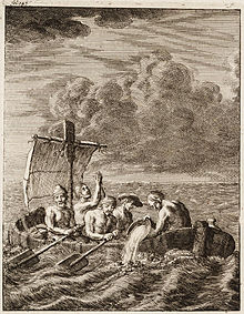 Five Englishmen escaping slavery from Algiers, Barbary Coast, 1684 Evasion de cinbq esclaves anglais a bord d un radeau.jpg