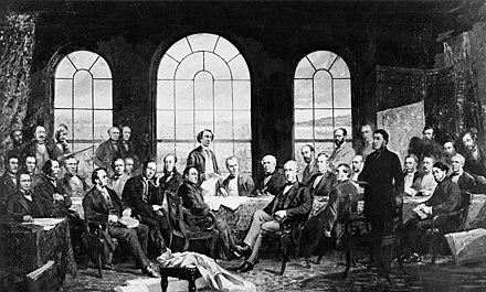1885 photo of Robert Harris' 1884 painting, Conference at Quebec in 1864. The scene is an amalgamation of the Charlottetown and Quebec City conference sites and attendees, the Fathers of Confederation.