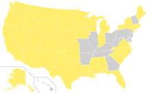 Map of states with US federally recognized tribes marked in yellow. States with no federally recognized tribes marked in gray. Federally recognized tribes by state.png