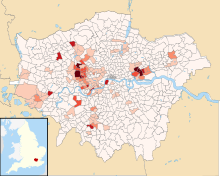 A map showing the distribution of Filipinos in Greater London. 40% of British Filipinos live in London.
.mw-parser-output .legend{page-break-inside:avoid;break-inside:avoid-column}.mw-parser-output .legend-color{display:inline-block;min-width:1.25em;height:1.25em;line-height:1.25;margin:1px 0;text-align:center;border:1px solid black;background-color:transparent;color:black}.mw-parser-output .legend-text{}
0.0%-0.99%
1%-1.49%
1.5%-1.99%
2%-2.49%
2.5%-2.99%
3% and greater Filipinos in London.svg