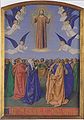 La Vierge et les apôtres mains jointes surplombés par le Christ dans le ciel entouré des anges.