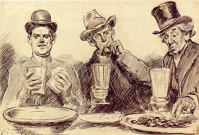 A ink illustration of three men eating & drinking. The one on the left is smiling directly towards the viewer with a sandwich in his hand, the middle one is eating something held with their hand, and the rightmost one is grabbing a nondescript food with his hand. All three are holding glasses. The three men appear to be middle aged or older.