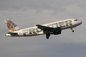 Airbus A319 «Рысь Ларри» авиакомпании Frontier Airlines (регистрационный номер N929FR) на взлёте из Международного аэропорта Форт-Лодердейл/Холливуд