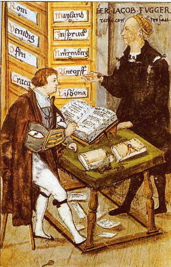 The 16th-century German banker Jakob Fugger and his principal accountant, M. Schwarz, registering an entry to a ledger. The background shows a file cabinet indicating the European cities where the Fugger Bank conducts business. (1517)