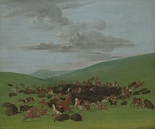 Hidatsa hunting bison, George Catlin, c. 1832 George catlin buffalo chase a surround by the hidatsa093825).jpg