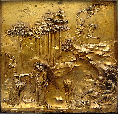 Lorenzo Ghiberti, panel of the Sacrifice of Isaac from the Florence Baptistry doors; oblique view here