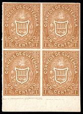 1 сентаво (Sc #1a), квартблок негашёных беззубцовых марок