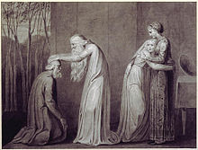 Har blessing Tiriel while Mnetha comforts Heva (British Museum); the illustrated text is: "Then Har arose and laid his hand on old Tiriel's head" (2:35). Har blessing Tiriel.jpg