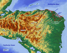 Helbigs Reisewege in Nordost-Honduras. - Vereinfacht dargestellt nach der Karte Entwurf einer topographischen Ubersicht von Nordost-Honduras mit der Mosquitia. In: Petermanns Geographische Mitteilungen, 101. Jahrgang, Gotha, VEB Hermann Haack, 1957, Heft 2, Tafel 15. Helbigs Reisen in Honduras.PNG