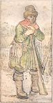 A sportsman leaning on his gun label QS:Len,"A sportsman leaning on his gun" label QS:Lpl,"Sportowiec oparty na swojej broni" label QS:Lnl,"Sportman leunend op zijn geweer" 1600-1634. Pen, ink, and watercolor, over black chalk on paper. 12.7 × 6.6 cm (5 × 2.5 in). Cambridge, Fitzwilliam Museum.