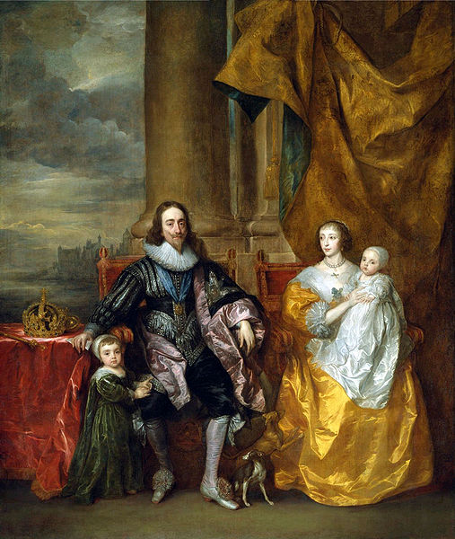 Henrietta Maria and King Charles I with Charles, Prince of Wales, and Princess Mary, painted by Anthony van Dyck, 1633. The greyhound symbolises the m