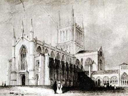 South West View of Wyatt's reconstruction with Cloisters (engraving)