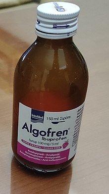 A 150 ml bottle (100 mg/5 ml dosage) of ibuprofen, sold in Greece Ibuprofen syrup.jpg