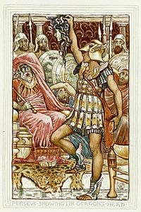 Perseo uzante la distranĉitan kapon de Meduzo por ŝtoniĝigi la reĝon Polidekto