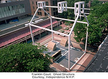 The larger of Venturi and Rauch's ghost structures Independence National Historical Park Franklin Court Ghost Structure.jpg