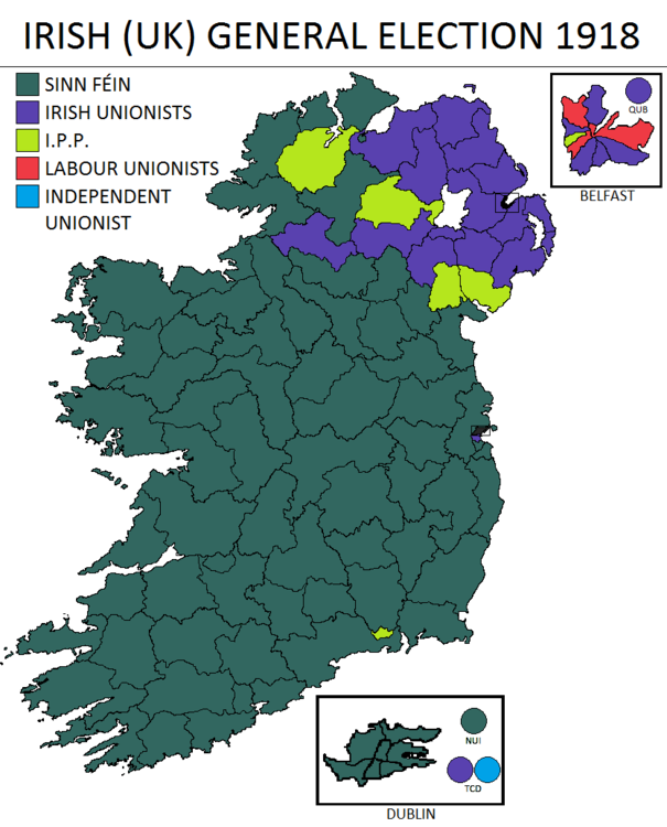 Results in Ireland. The Sinn Féin MPs did not take their seats in the House of Commons, and instead formed the Dáil Éireann (English: Assembly of Ireland).