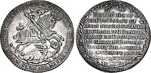 Elector John George II, Kuranttaler (Hosenbandtaler), 1678, 23.32 g. Kuranttaler were only minted in exceptional cases. Johann Georg II., Taler 1678, Dresden, CNG.jpg