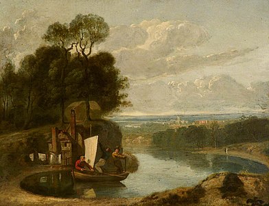 Joseph Farington (1747-1821) - Three Boys in a Sailing Boat on a Lake with Durham (^) in the Distance - 1530399 - National Trust.jpg