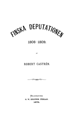 Kansilehti vuodelta 1879. Robert Castren, Finska Debutationen 1808–1809.