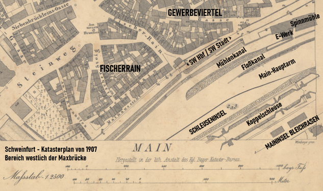 Katasterplan von 1907. Ausschnitt mit Gewerbeviertel und Main, mit seiner Gewerbe- und Verkehrsinfrastruktur
