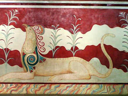 Restored griffin fresco. ―In the Throne Room, Palace of Knossos, Crete, original from Bronze Age