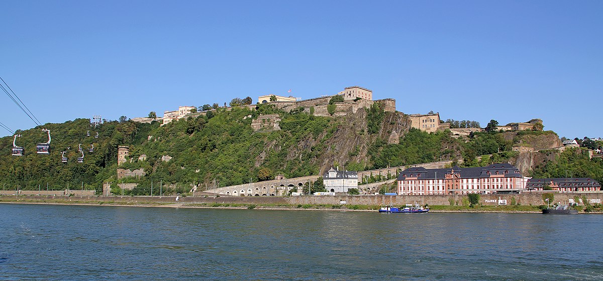 Koblenz, Germany. 30th Apr, 2020. Ehrenbreitstein Fortress, the largest  part of the major Koblenz fortress, is situated high above the Rhine with a  view of the city and the Deutsches Eck at