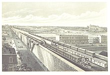 A view of the new grade-separated line on a viaduct through the Harlem Flats in 1876. LOSSING(1876) p260 HARLEM FLATS VIADUCT, NYC.jpg