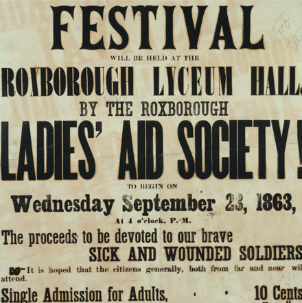 Flyer for Ladies' Aid Society festival to benefit wounded Civil War soldiers Ladies Aid Society-civil-war.png