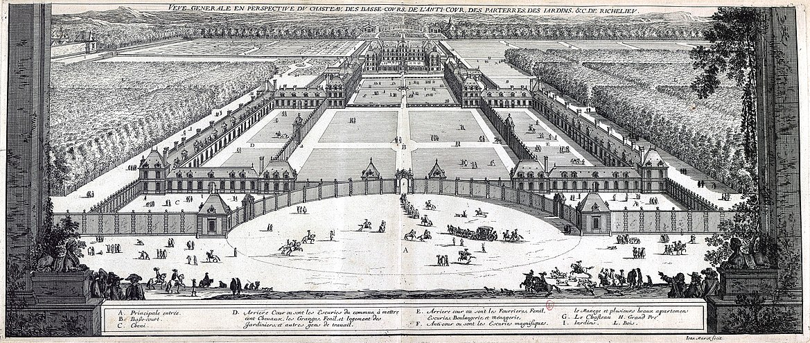 General perspective view of Jacques Lemercier's Château de Richelieu, engraved by Marot c. 1657, with embellishments by Jean Lepautre