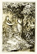 After wandering through the Garden of Eden, Eve takes the forbidden fruit while Lilith speaks to Adam (by Carl Poellath, c. 1886)