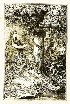 After wandering through the Garden of Eden, Eve takes the forbidden fruit while Lilith speaks to Adam (by Carl Poellath, c. 1886)